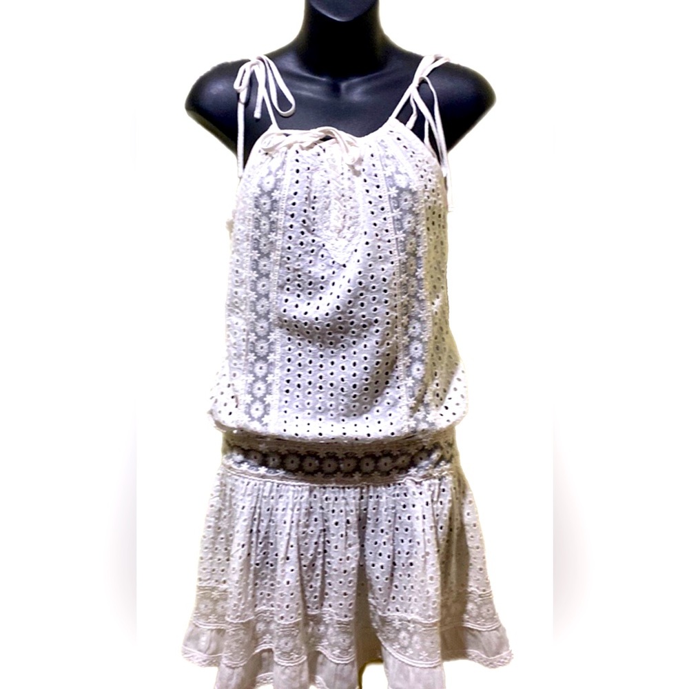 JEWEL WHITE COTTON EYELET/LACE SLEEVELESS DRESS LACE-UP FRONT NECKLINE SZ 14